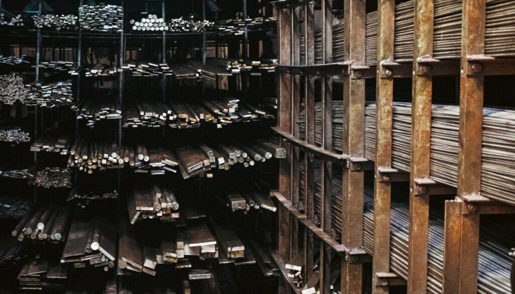 Shelves filled with metal bars and rods